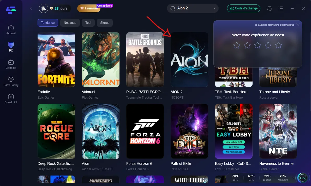 LagoFast - sélection d'Aion 2 dans la liste des jeux