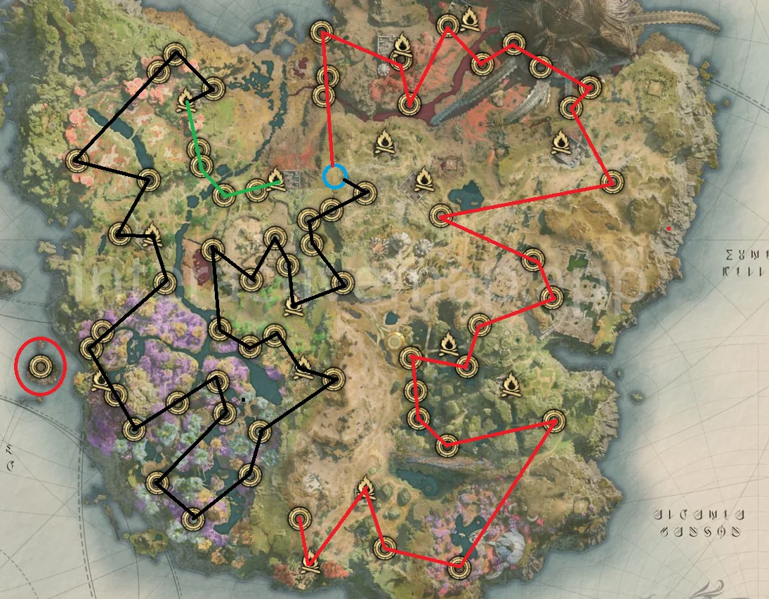 Route optimisée des Rifts sur la carte Elyos (côté Asmodien)