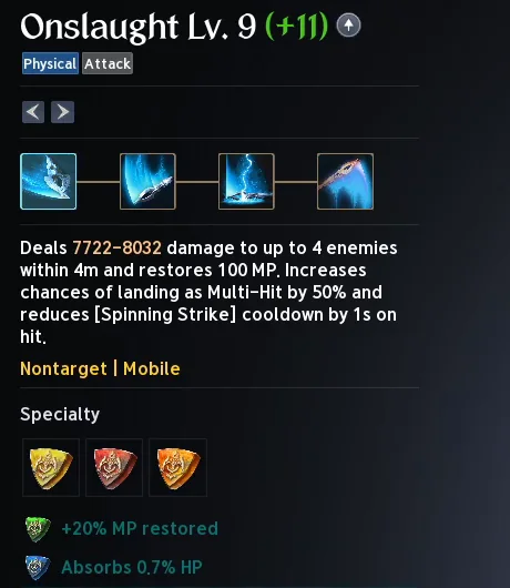 Panneau de spécialisation d'Onslaught dans Aion 2
