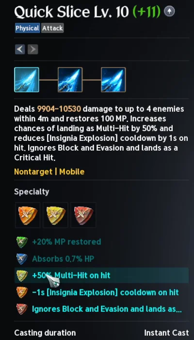 Panneau de spécialisation de Quick Slice dans Aion 2