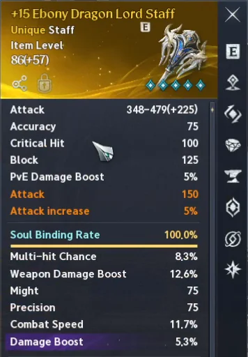 Lignes Attack et Attack increase d'une arme Ebony