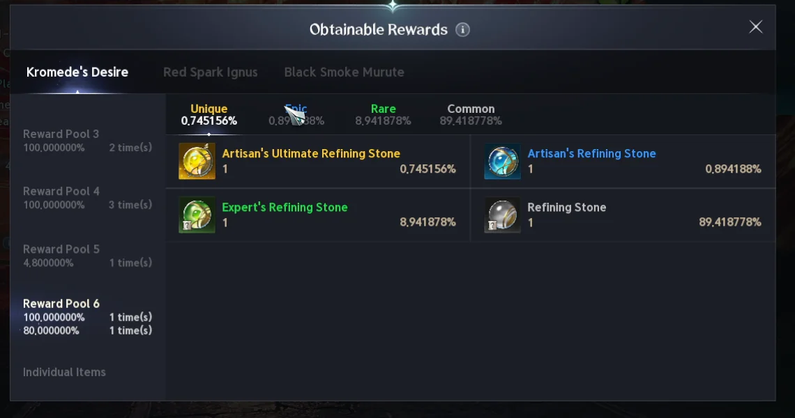 Récompenses de Fire Temple : Artisan's Ultimate Refining Stone