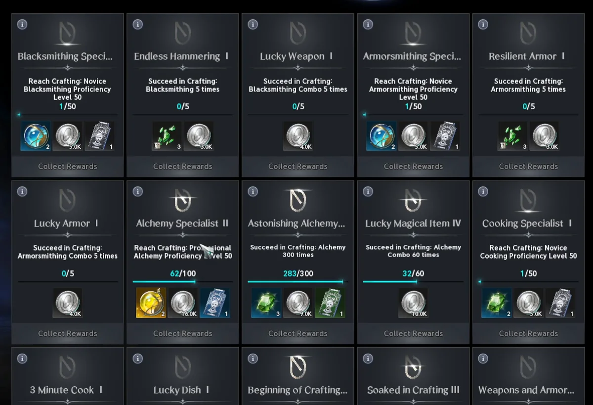 Succès de craft avec leurs récompenses
