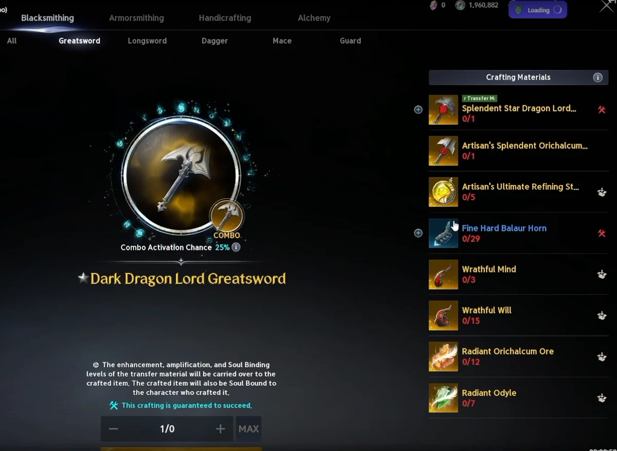 Transfer Crafting d'une Dark Dragon Lord Greatsword