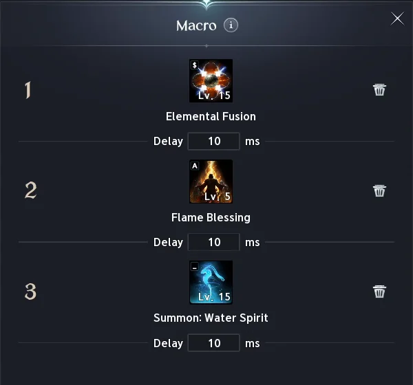 Macro Elemental Fusion, Flame Blessing et Summon Water Spirit