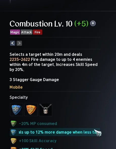 Panneau de spécialisation de Combustion dans Aion 2